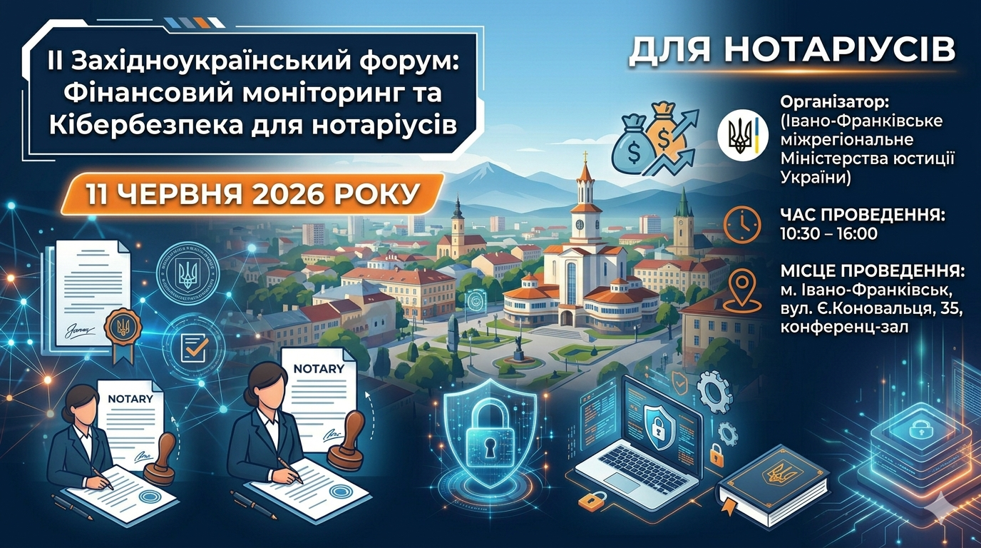 Детальніше про статтю 11.06. 2026 року в місті Івано-Франківськ буде проведено захід-семінар «ІІ Західноукраїнський форум: фінансовий моніторинг та кібербезпека для нотаріусів»
